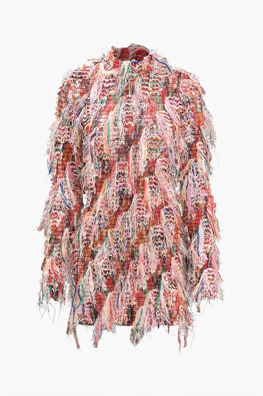 Mini dresses with pom - pom trims for a playful feelFringe Long Sleeve Mesh Mini Dress