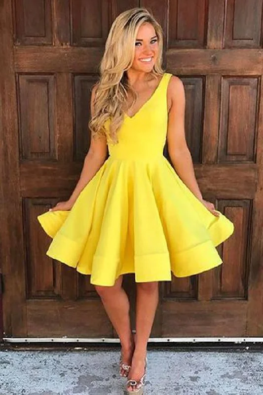 Party dresses with a unique neckline, like a sweetheart or square neckA-line Yellow Satin Short Prom Dress Homecoming Dress Short Prom Dresses PG113 Party dresses with a unique neckline, like a sweetheart or square neckA-line Yellow Satin Short Prom Dress Homecoming Dress Short Prom Dresses PG113