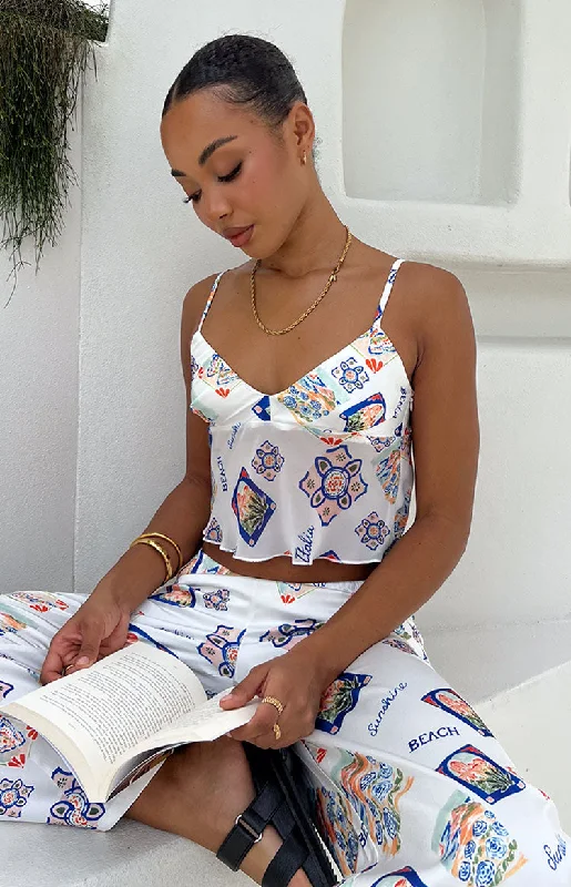 Midi wedding guest dresses in navy blue for a formal affairKyrah White Satin Italia Print Crop Top