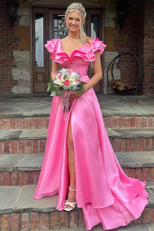 Evening party dresses with a long train for a dramatic entranceSilky Satin V Neck Ruffles Hot Pink Prom Dresses Formal Dresses PSK542 Evening party dresses with a long train for a dramatic entranceSilky Satin V Neck Ruffles Hot Pink Prom Dresses Formal Dresses PSK542